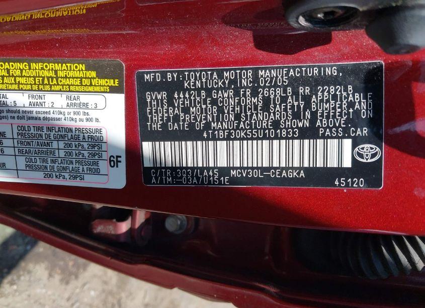 Photo 9 of 2005 Toyota Camry LE V6/XLE V6 (VIN 4T1BF30K55U101833)
