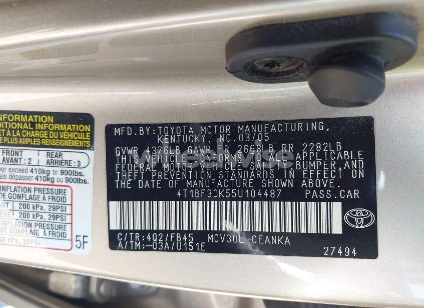 Photo 9 of 2005 Toyota Camry LE V6 (VIN 4T1BF30K55U104487)