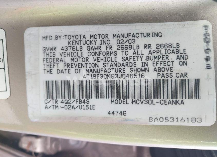 Photo 9 of 2003 Toyota Camry LE V6 (VIN 4T1BF30K63U046516)