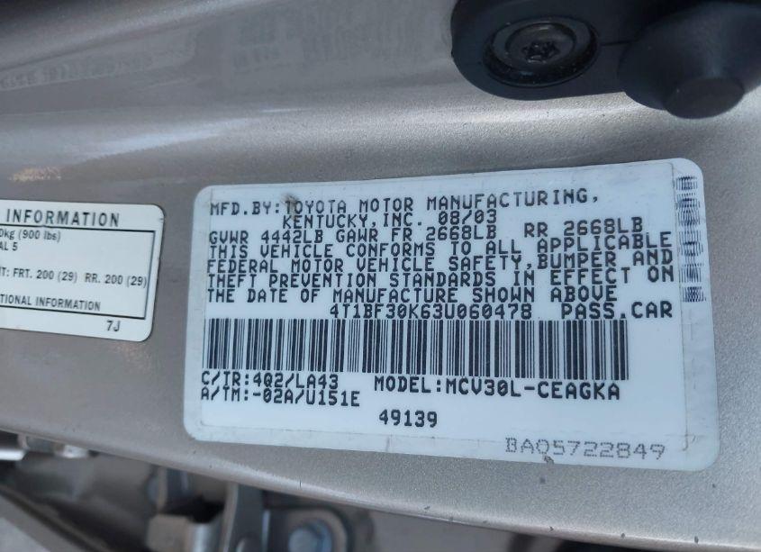 Photo 9 of 2003 Toyota Camry XLE V6 (VIN 4T1BF30K63U060478)