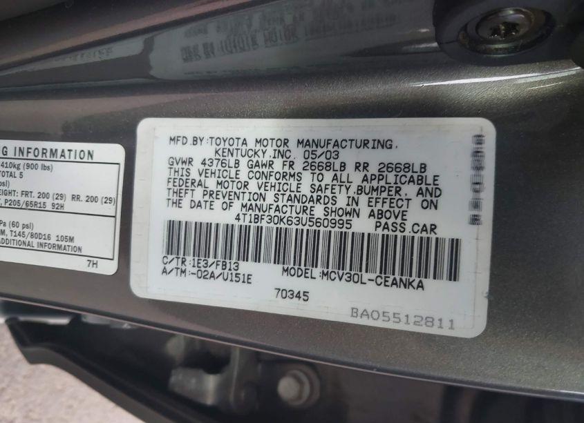 Photo 9 of 2003 Toyota Camry LE V6 (VIN 4T1BF30K63U560995)