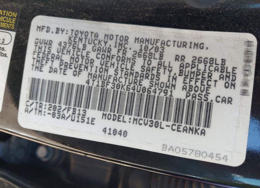 Photo 9 of 2004 Toyota Camry LE V6 (VIN 4T1BF30K64U064791)