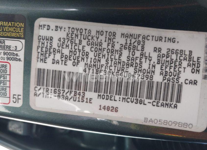 Photo 9 of 2004 Toyota Camry LE V6 (VIN 4T1BF30K64U067898)