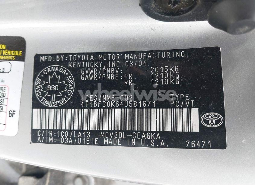 Photo 9 of 2004 Toyota Camry (VIN 4T1BF30K64U581671)