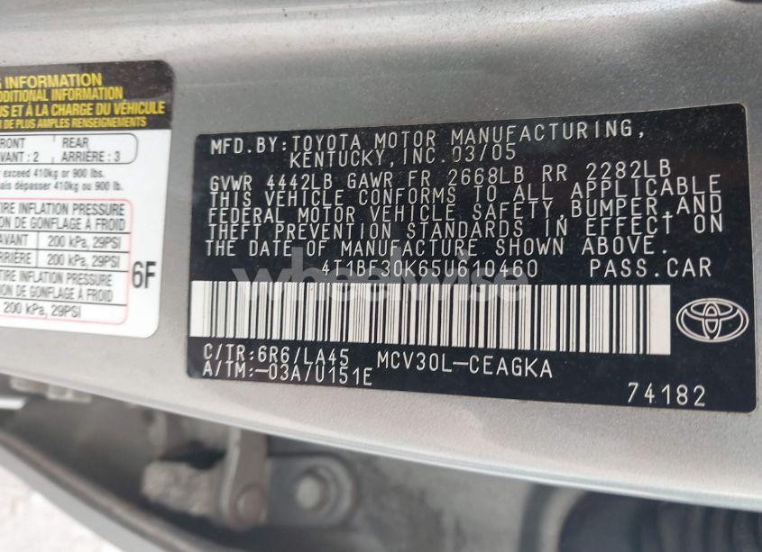 Photo 9 of 2005 Toyota Camry XLE V6 (VIN 4T1BF30K65U610460)