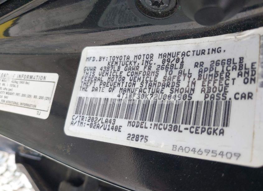 Photo 9 of 2002 Toyota Camry XLE V6 (VIN 4T1BF30K72U004905)