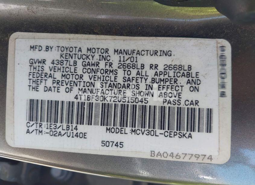 Photo 9 of 2002 Toyota Camry SE V6 (VIN 4T1BF30K72U515045)