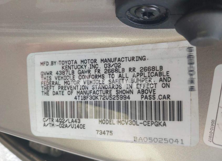 Photo 9 of 2002 Toyota Camry XLE V6 (VIN 4T1BF30K72U525994)