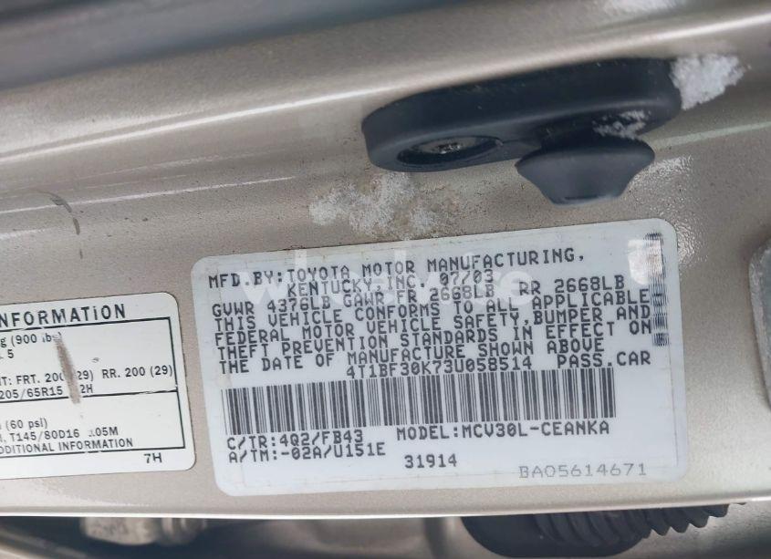 Photo 9 of 2003 Toyota Camry LE V6 (VIN 4T1BF30K73U058514)