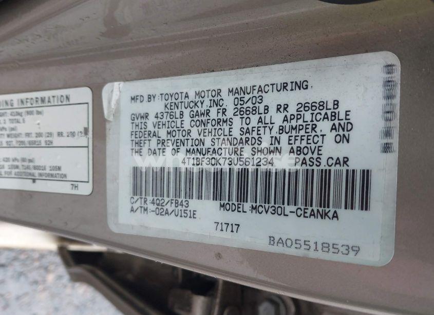 Photo 9 of 2003 Toyota Camry LE V6 (VIN 4T1BF30K73U561234)