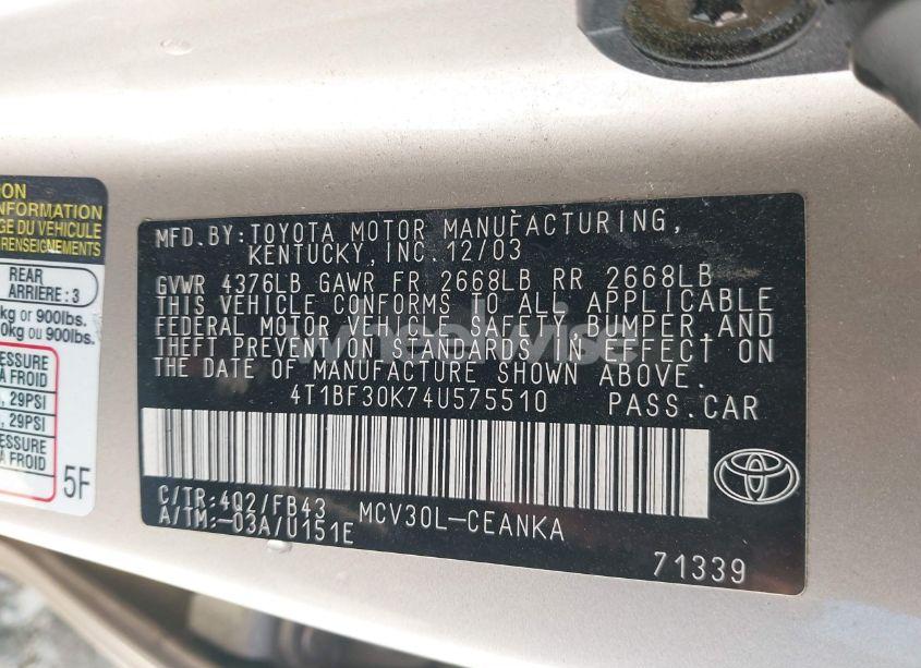 Photo 9 of 2004 Toyota Camry LE V6 (VIN 4T1BF30K74U575510)