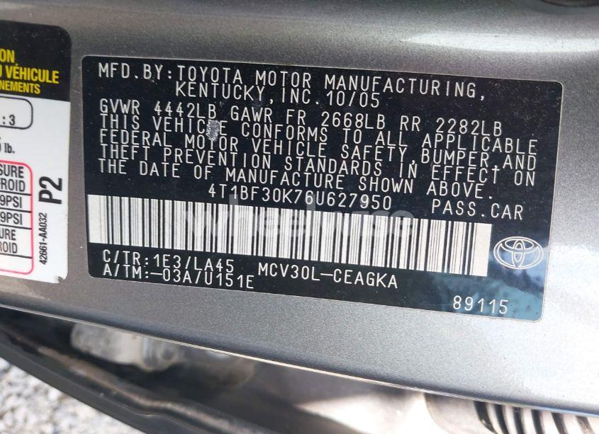Photo 9 of 2006 Toyota Camry LE V6/XLE V6 (VIN 4T1BF30K76U627950)