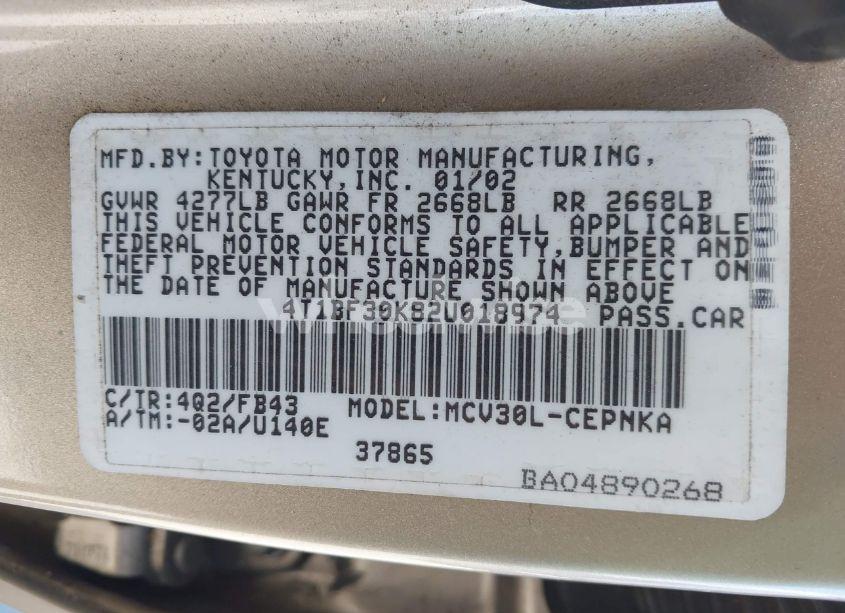 Photo 9 of 2002 Toyota Camry LE V6 (VIN 4T1BF30K82U018974)