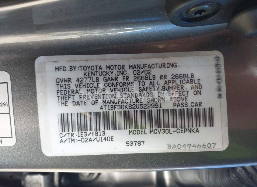 Photo 9 of 2002 Toyota Camry LE V6 (VIN 4T1BF30K82U522991)