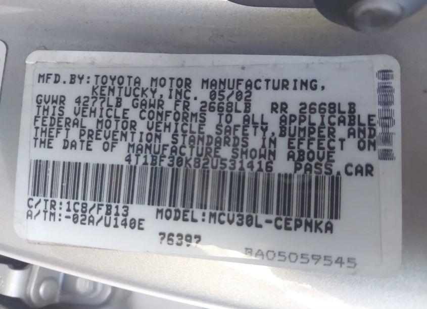 Photo 8 of 2002 Toyota Camry LE V6 (VIN 4T1BF30K82U531416)