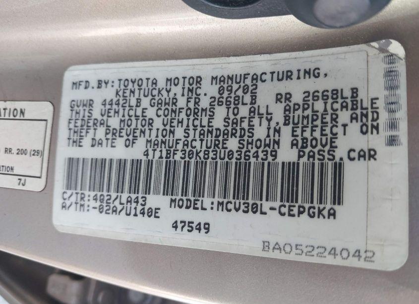 Photo 9 of 2003 Toyota Camry XLE V6 (VIN 4T1BF30K83U036439)