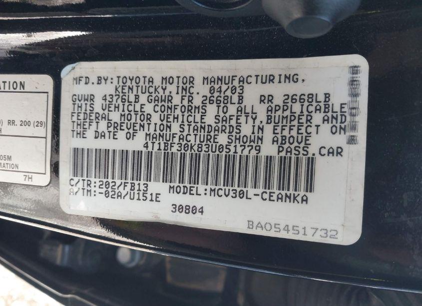 Photo 9 of 2003 Toyota Camry LE V6 (VIN 4T1BF30K83U051779)