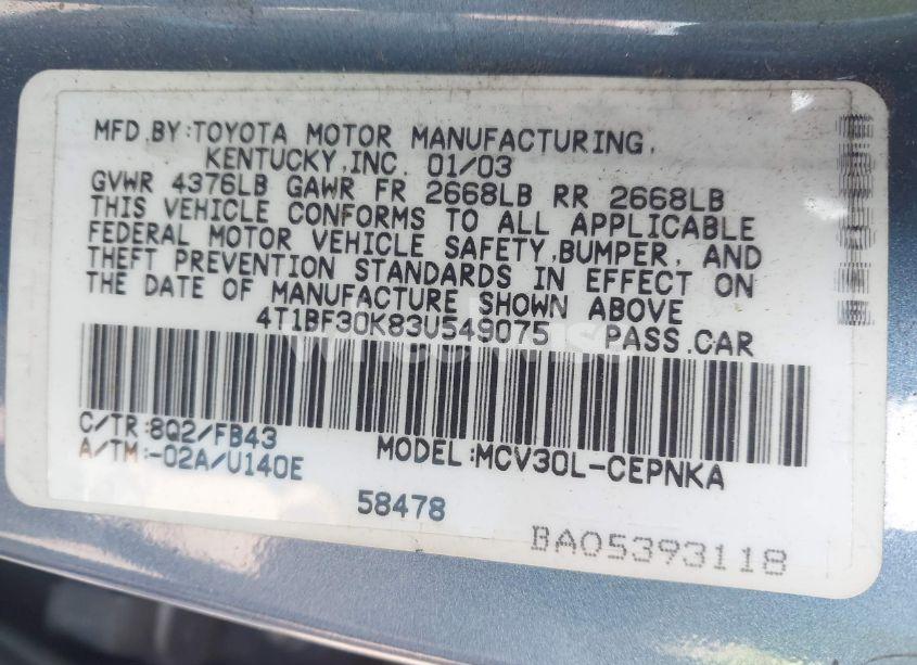 Photo 9 of 2003 Toyota Camry LE V6 (VIN 4T1BF30K83U549075)