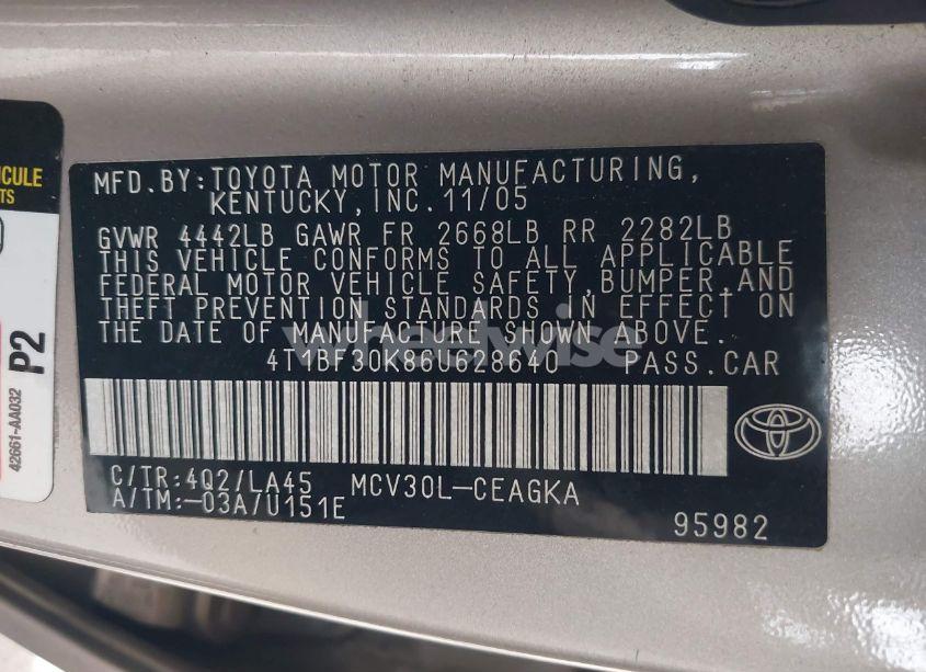 Photo 9 of 2006 Toyota Camry XLE V6 (VIN 4T1BF30K86U628640)