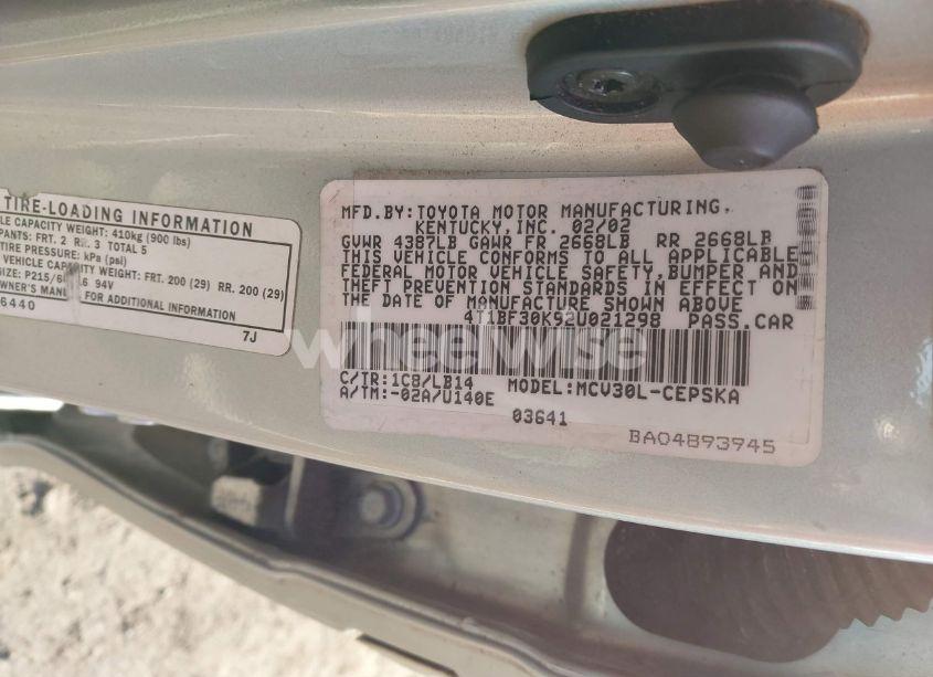 Photo 9 of 2002 Toyota Camry SE V6 (VIN 4T1BF30K92U021298)