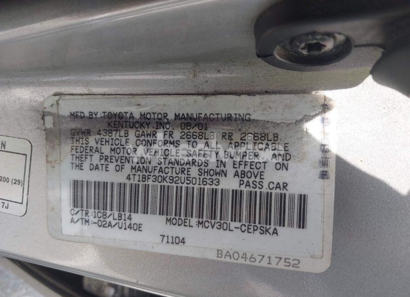 Photo 9 of 2002 Toyota Camry SE V6 (VIN 4T1BF30K92U501633)