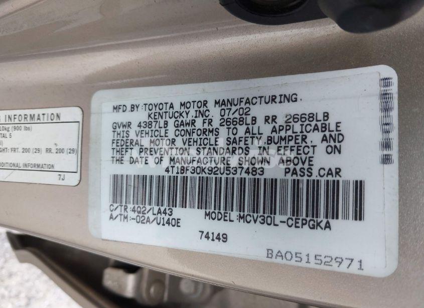 Photo 9 of 2002 Toyota Camry LE V6/SE V6/XLE V6 (VIN 4T1BF30K92U537483)