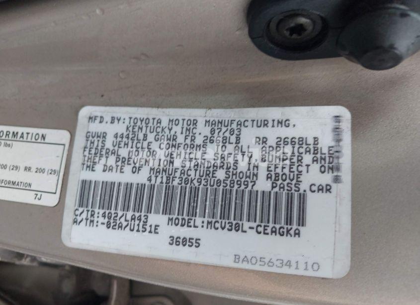 Photo 9 of 2003 Toyota Camry XLE V6 (VIN 4T1BF30K93U058997)