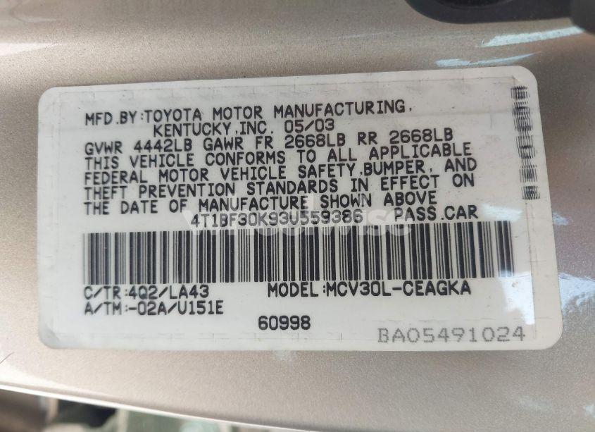 Photo 9 of 2003 Toyota Camry XLE V6 (VIN 4T1BF30K93U559386)