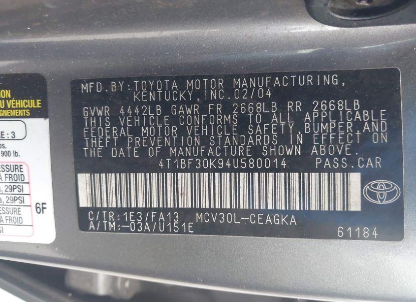 Photo 9 of 2004 Toyota Camry XLE V6 (VIN 4T1BF30K94U580014)