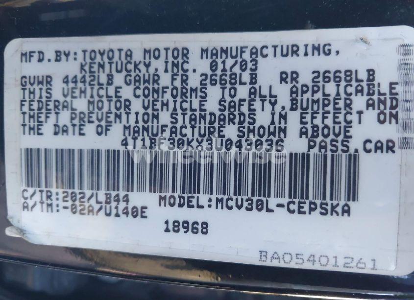 Photo 9 of 2003 Toyota Camry SE V6 (VIN 4T1BF30KX3U043036)