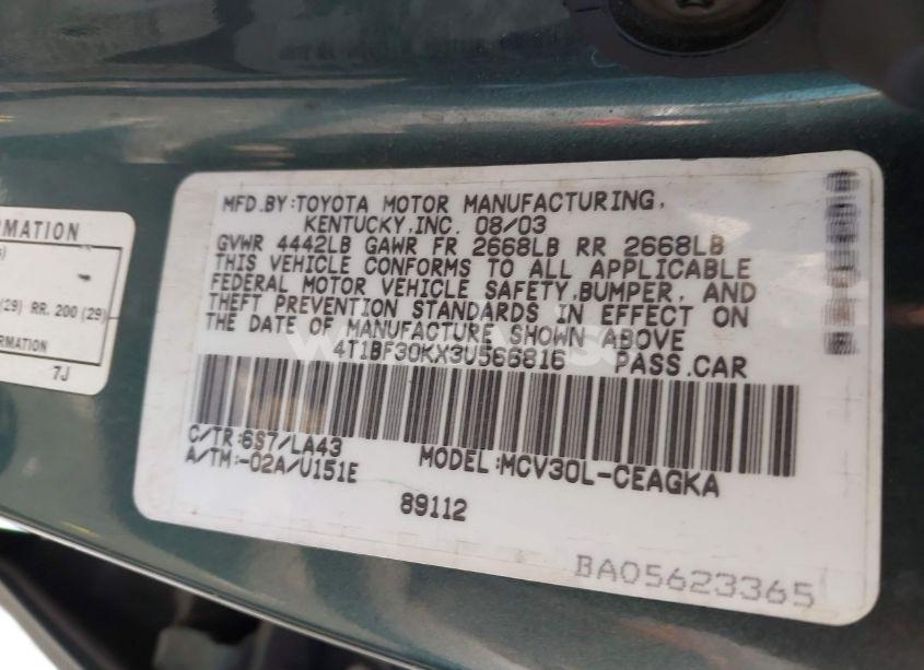 Photo 9 of 2003 Toyota Camry XLE V6 (VIN 4T1BF30KX3U566816)