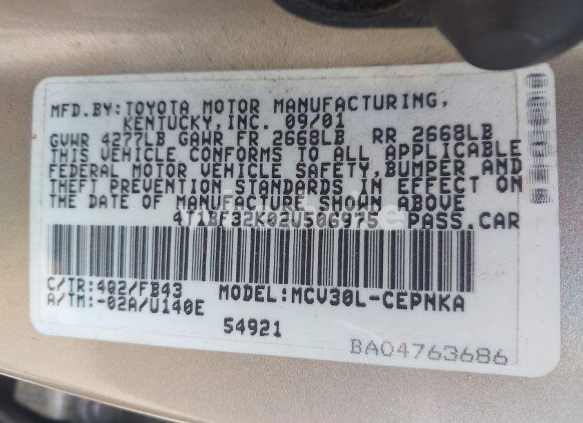 Photo 9 of 2002 Toyota Camry LE V6 (VIN 4T1BF32K02U506975)