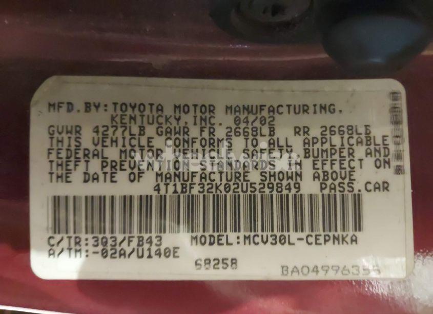 Photo 9 of 2002 Toyota Camry LE V6 (VIN 4T1BF32K02U529849)