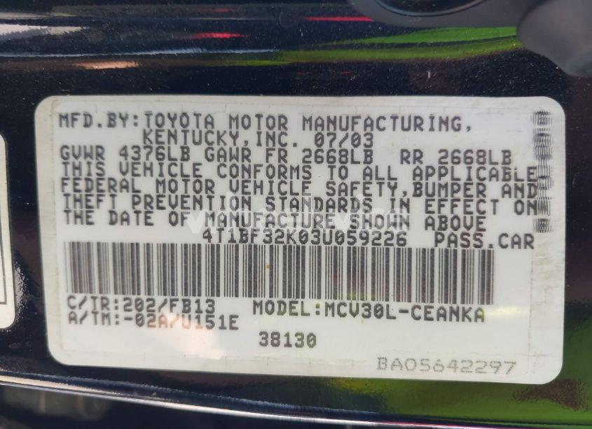 Photo 9 of 2003 Toyota Camry LE V6 (VIN 4T1BF32K03U059226)