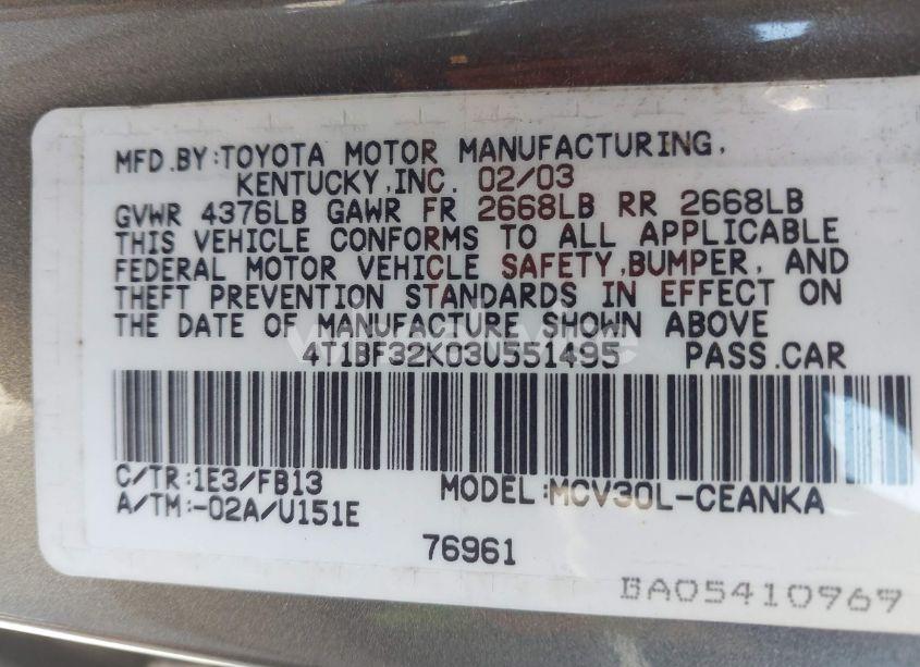 Photo 9 of 2003 Toyota Camry LE V6 (VIN 4T1BF32K03U551495)