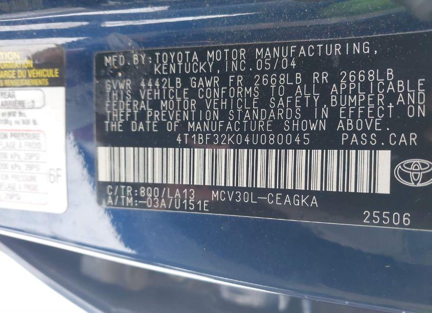 Photo 9 of 2004 Toyota Camry XLE V6 (VIN 4T1BF32K04U080045)
