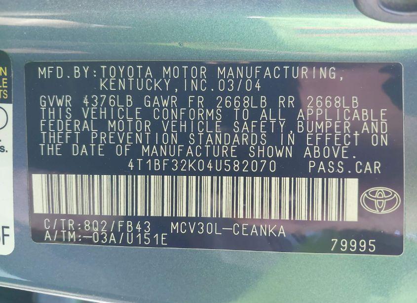 Photo 9 of 2004 Toyota Camry LE V6 (VIN 4T1BF32K04U582070)