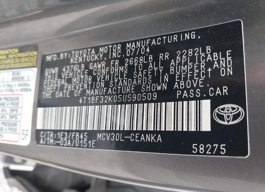 Photo 9 of 2005 Toyota Camry LE V6 (VIN 4T1BF32K05U590509)