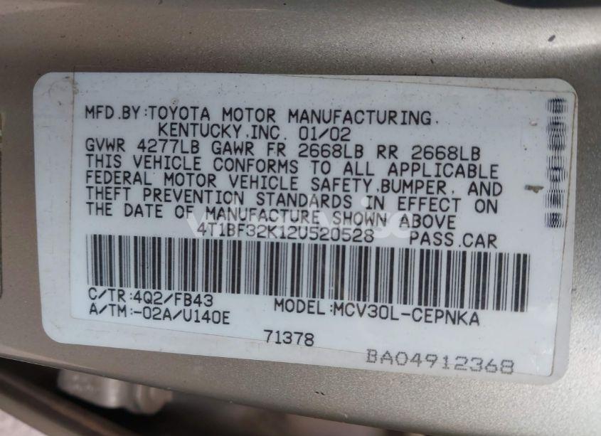 Photo 9 of 2002 Toyota Camry LE V6 (VIN 4T1BF32K12U520528)
