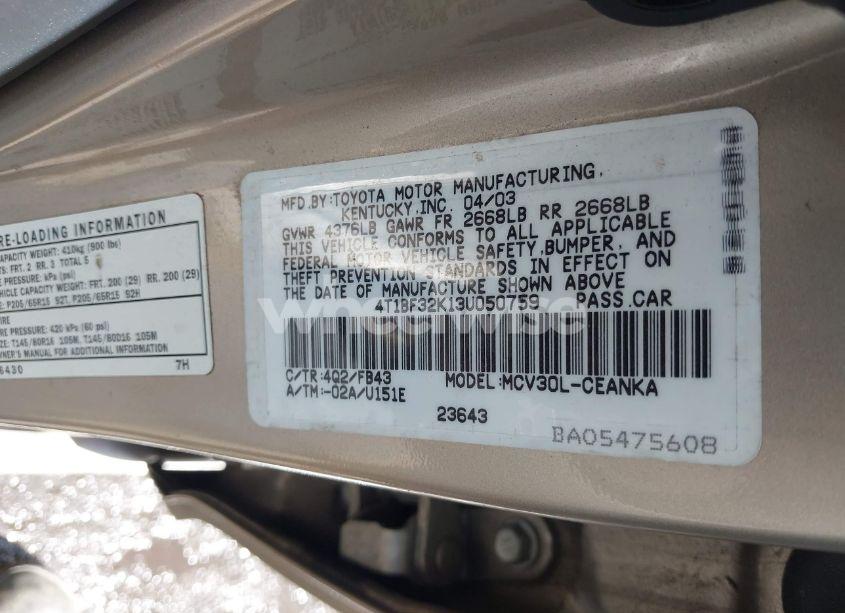 Photo 9 of 2003 Toyota Camry LE V6 (VIN 4T1BF32K13U050759)