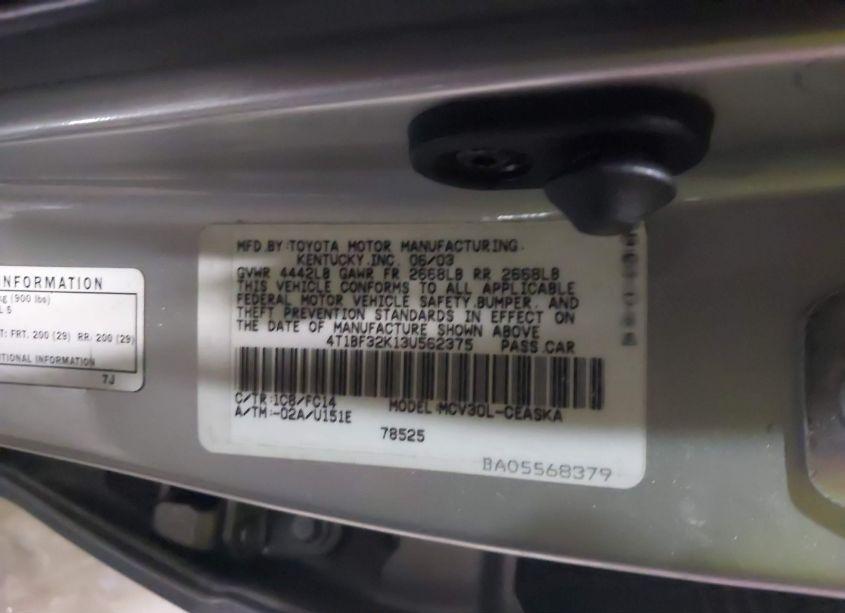 Photo 9 of 2003 Toyota Camry SE V6 (VIN 4T1BF32K13U562375)