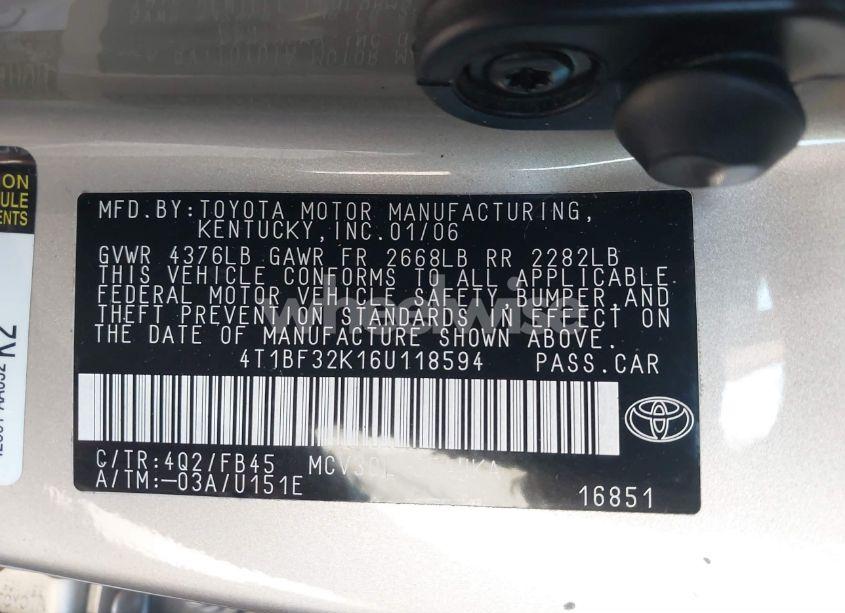 Photo 9 of 2006 Toyota Camry LE V6 (VIN 4T1BF32K16U118594)
