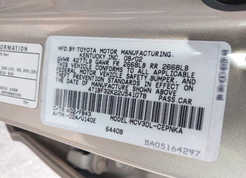 Photo 9 of 2002 Toyota Camry LE V6 (VIN 4T1BF32K22U541078)