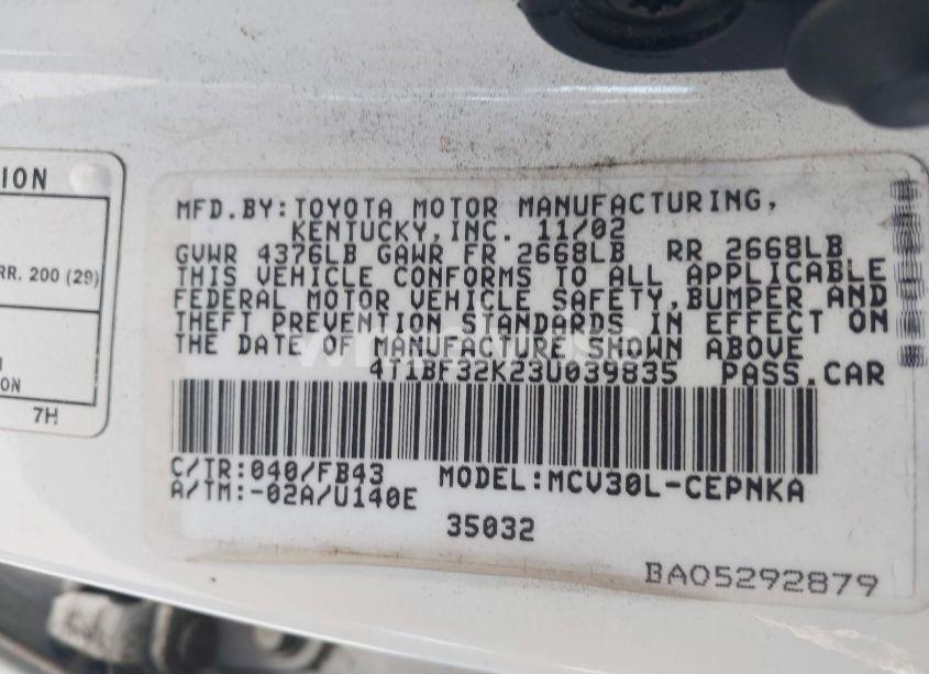 Photo 9 of 2003 Toyota Camry LE V6 (VIN 4T1BF32K23U039835)