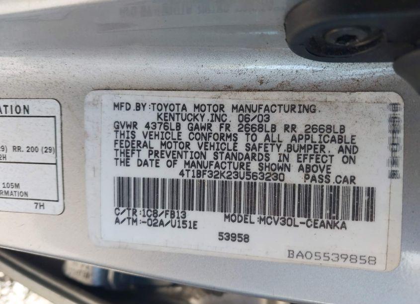 Photo 9 of 2003 Toyota Camry LE V6 (VIN 4T1BF32K23U563230)