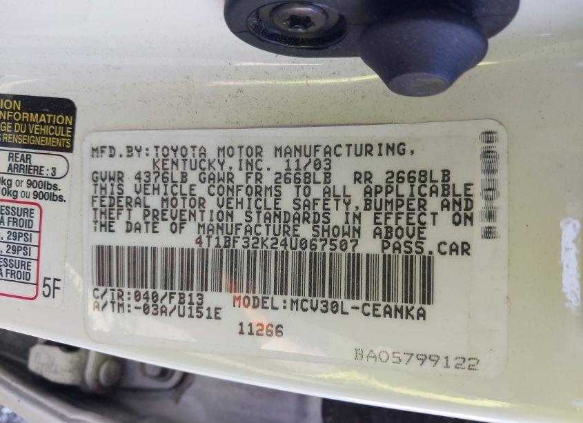 Photo 9 of 2004 Toyota Camry LE V6 (VIN 4T1BF32K24U067507)