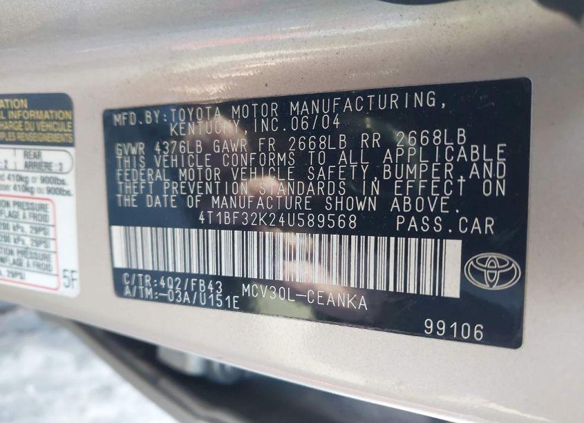 Photo 9 of 2004 Toyota Camry LE V6 (VIN 4T1BF32K24U589568)