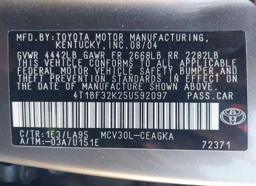 Photo 9 of 2005 Toyota Camry XLE V6 (VIN 4T1BF32K25U592097)