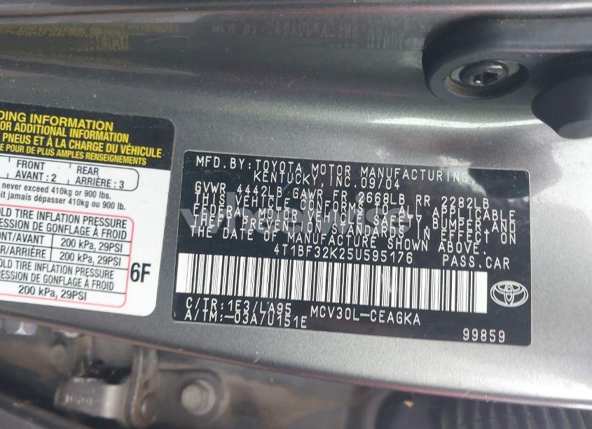 Photo 9 of 2005 Toyota Camry XLE V6 (VIN 4T1BF32K25U595176)