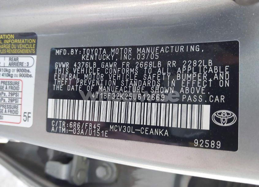 Photo 9 of 2005 Toyota Camry LE V6 (VIN 4T1BF32K25U612669)